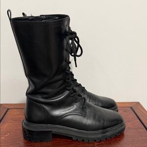 Porte & Paire Black Leather Biker Lace-Up Combat Boots